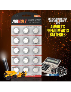 Baterías Alcalinas LR44 AmVolt - Paquete de 15 Unidades 1.5V 2