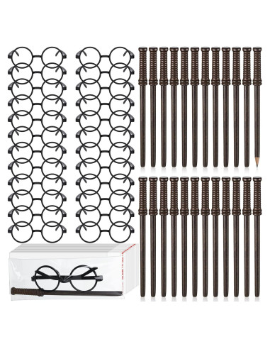 24 Lápices Varita Mago + 24 Gafas Disfraz + 24 Bolsas