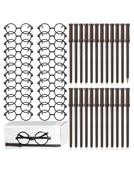 24 Lápices Varita Mago + 24 Gafas Disfraz + 24 Bolsas