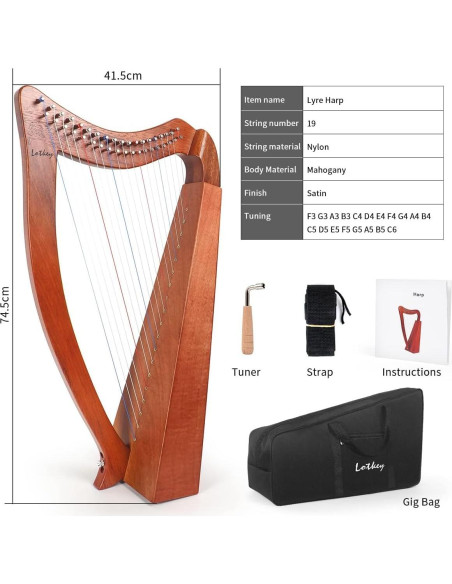 Arpa Lira Lotkey 19 Cuerdas Caoba Sólida 74 cm