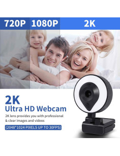 Cámara Web RERBO 2K con Luz Ajustable y Micrófono Estéreo 2