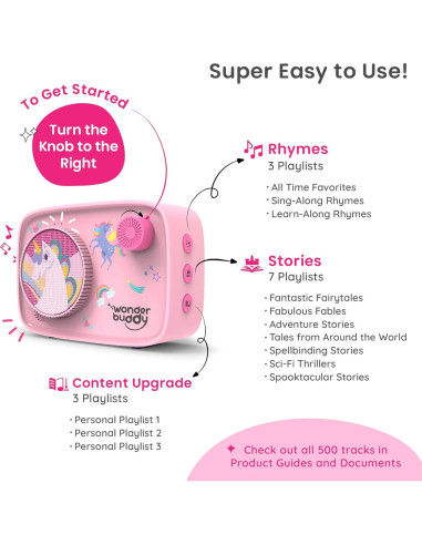 WonderBuddy Reproductor de Audio Infantil Rosa 500+ Cuentos