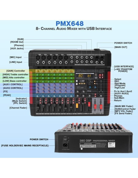 Controlador de Mezclador de Audio Pyle PMX648 8 Canales USB