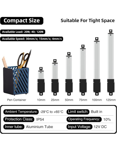Actuador Lineal Eléctrico Mini 25mm 120N 12V para Automatización