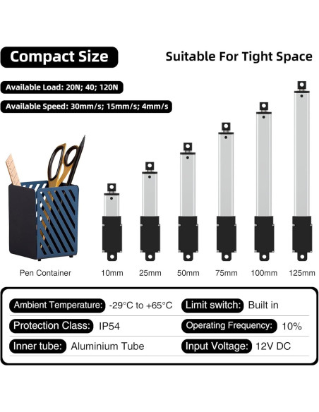Actuador Lineal Eléctrico Mini 25mm 120N 12V para Automatización
