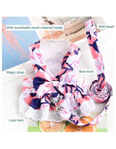 Vestido Arnés para Perro Pequeño Rosa Floral con Correa