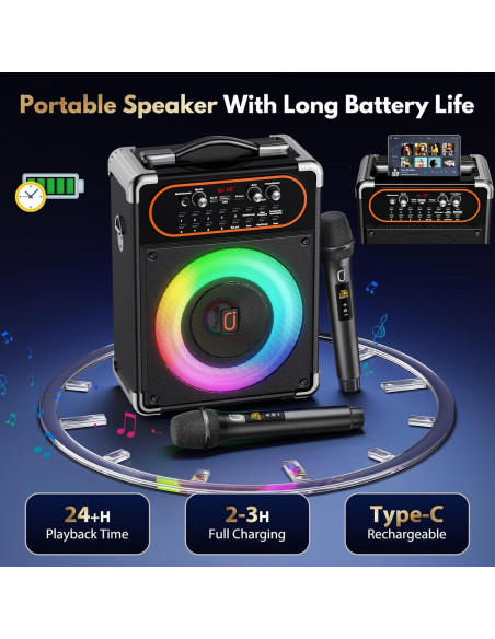 Máquina de Karaoke Bluetooth 5.3 con 2 Micrófonos y Luces