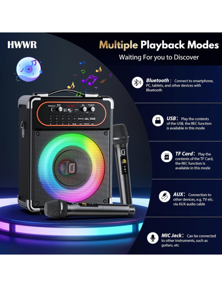 Máquina de Karaoke Bluetooth 5.3 con 2 Micrófonos y Luces