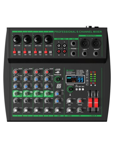 Mezclador Profesional MW-6 6 Canales Bluetooth USB 99 Efectos