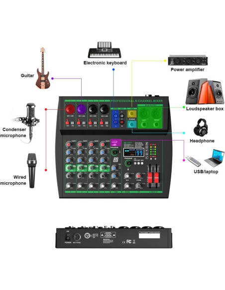 Mezclador Profesional MW-6 6 Canales Bluetooth USB 99 Efectos
