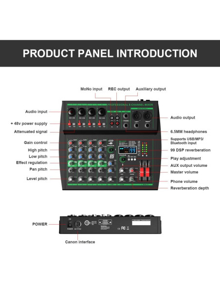 Mezclador Profesional MW-6 6 Canales Bluetooth USB 99 Efectos