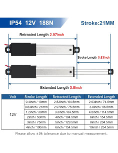 Actuador Lineal Micro JQDML 21mm 12V 188N con Soportes 2