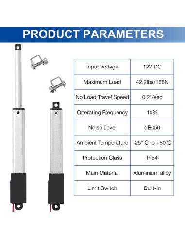 Actuador Lineal Micro JQDML 21mm 12V 188N con Soportes