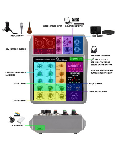 Mezclador de Audio BOMGE 4 Canales USB Bluetooth 48V