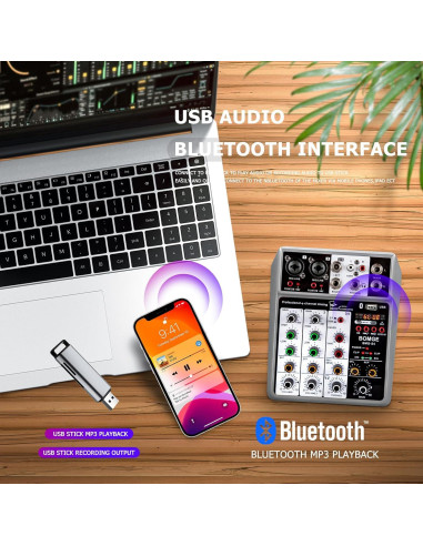 Mezclador de Audio BOMGE 4 Canales USB Bluetooth 48V