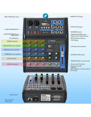 Consola de Mezcla Pyle PMXU43BT.5 4 Canales USB Bluetooth