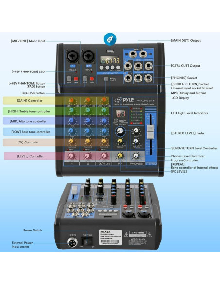 Consola de Mezcla Pyle PMXU43BT.5 4 Canales USB Bluetooth