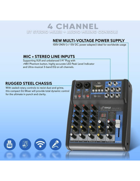 Consola de Mezcla Pyle PMXU43BT.5 4 Canales USB Bluetooth