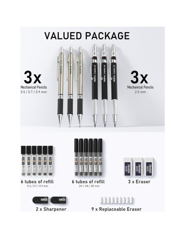 Conjunto de Lápices Mecánicos Nicpro 6PCS 0.5-0.9mm y 2mm