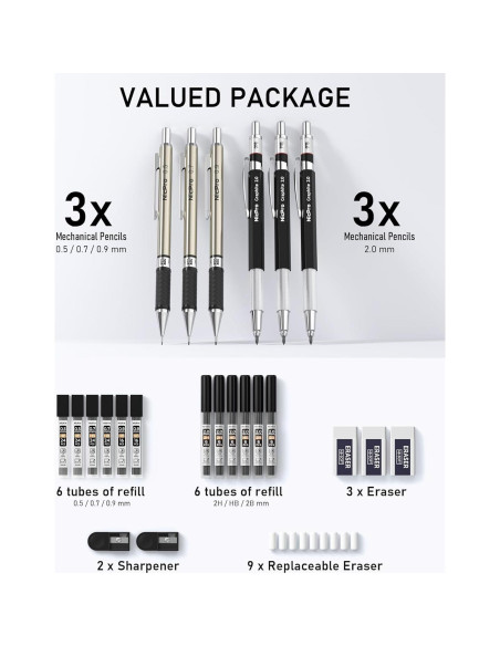 Conjunto de Lápices Mecánicos Nicpro 6PCS 0.5-0.9mm y 2mm