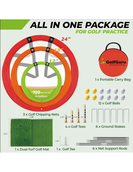 Conjunto Golfguru 3 Redes Chipping y Alfombrilla 12 Pelotas