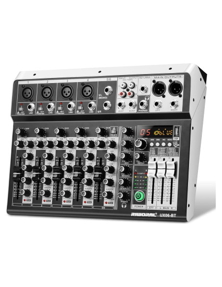 Consola de Mezcla de Audio 6 Canales Bluetooth +48V Phantom