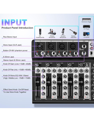 Consola de Mezcla de Audio 6 Canales Bluetooth +48V Phantom