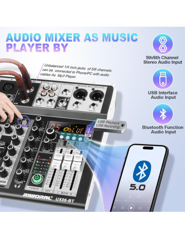 Consola de Mezcla de Audio 6 Canales Bluetooth +48V Phantom