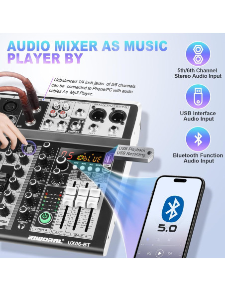 Consola de Mezcla de Audio 6 Canales Bluetooth +48V Phantom