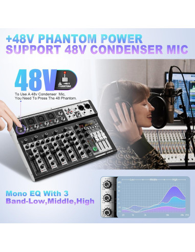 Consola de Mezcla de Audio 6 Canales Bluetooth +48V Phantom