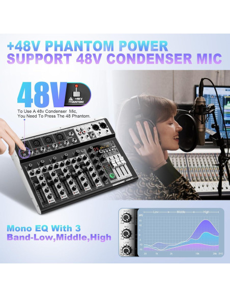 Consola de Mezcla de Audio 6 Canales Bluetooth +48V Phantom