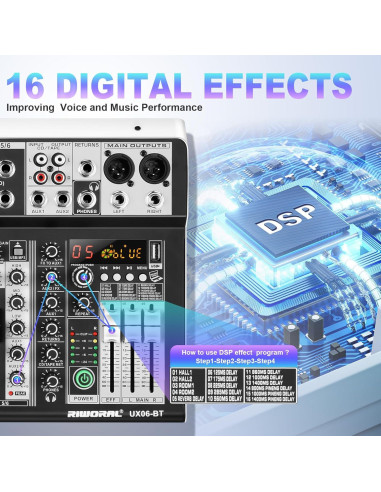 Consola de Mezcla de Audio 6 Canales Bluetooth +48V Phantom