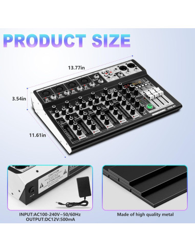 Consola de Mezcla de Audio 6 Canales Bluetooth +48V Phantom