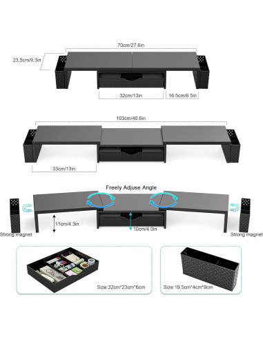 Elevador Doble Monitor Spacrea con Cajón y Sujetapapeles Negro