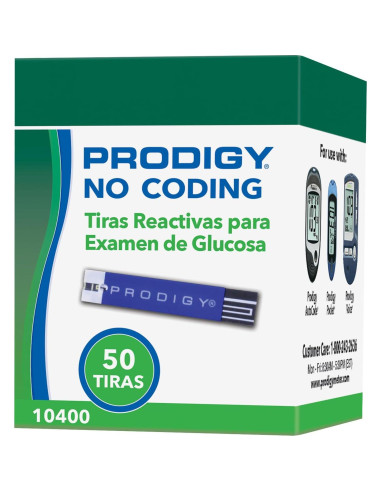 Tiras de Prueba Glucosa PRODIGY 10400 Sin Codificación 50u