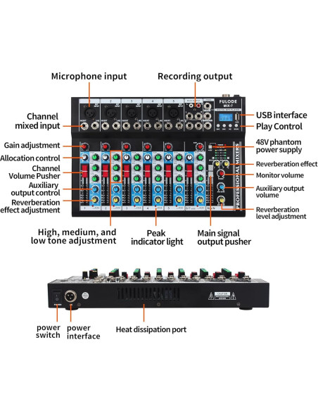 Mezclador de Audio Bluetooth 7 Canales MIX-7 48V USB