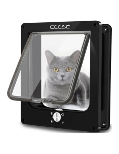Puerta para Gatos CEESC L Negra Impermeable con Cerradura 4 Vías