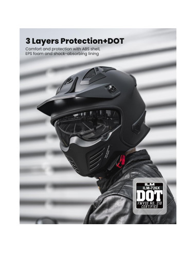 Casco Abierto ILM 726X para Motocicleta Negro Mate 1.70 kg