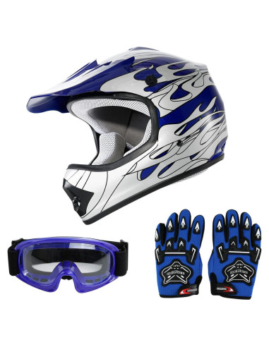 Casco SLMOTO para Niños Motocross Llama Azul + Gafas + Guantes