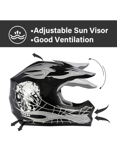 Casco de Motocross TCT-MOTORPARTS Niños Skull Negro + Guantes + Gafas