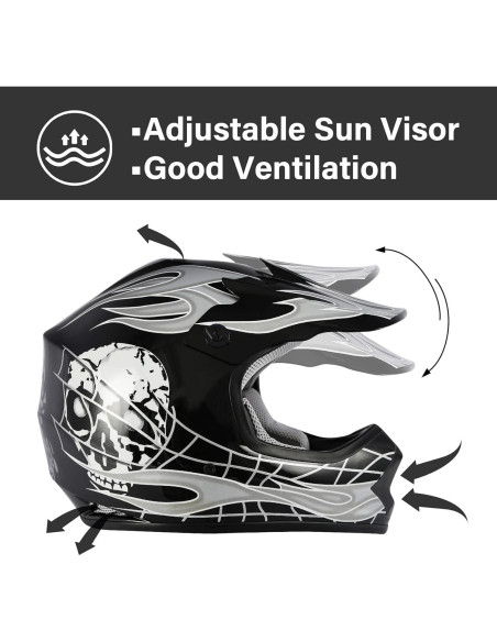 Casco de Motocross TCT-MOTORPARTS Niños Skull Negro + Guantes + Gafas