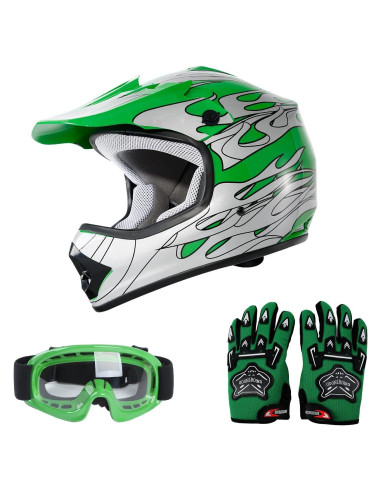 Casco SLMOTO para Niños Llama Verde + Gafas y Guantes