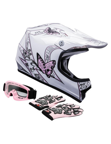 Casco Integral TCT-MOTORPARTS Mariposa Rosa + Guantes + Gafas