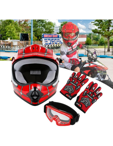 SLMOTO Casco Infantil Mediano Araña Roja + Gafas y Guantes