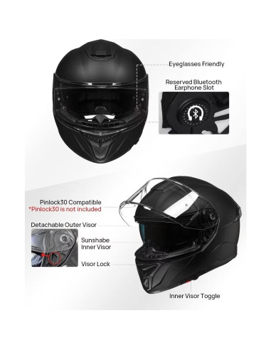 Casco de Moto ILM 861A Doble Visor Negro Mate T. Grande
