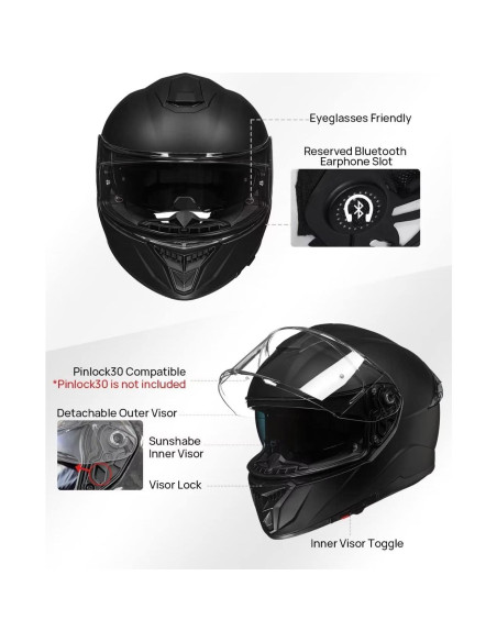 Casco de Moto ILM 861A Doble Visor Negro Mate T. Grande