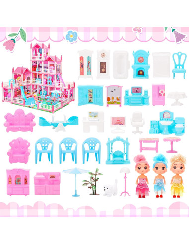 Casa de Muñecas 4 Pisos AmiDear con Muebles y Tobogán