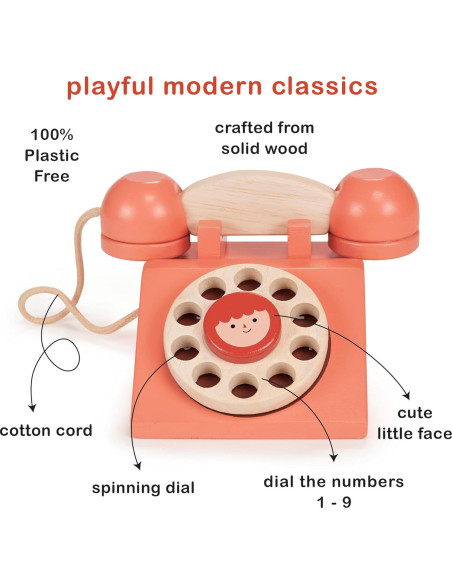 Teléfono de Disco Retro de Madera Mentari - Juguete 12.5x8.5x15 cm