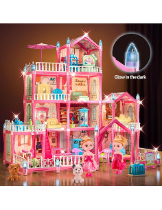 Casa de Muñecas TASTIEN 4 Pisos Rosa Brilla en la Oscuridad 2