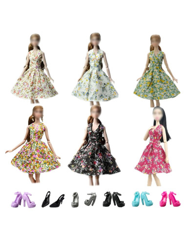 Conjunto 6 Piezas Vestido Floral y Zapatos Tacón para Muñeca 29.21 cm